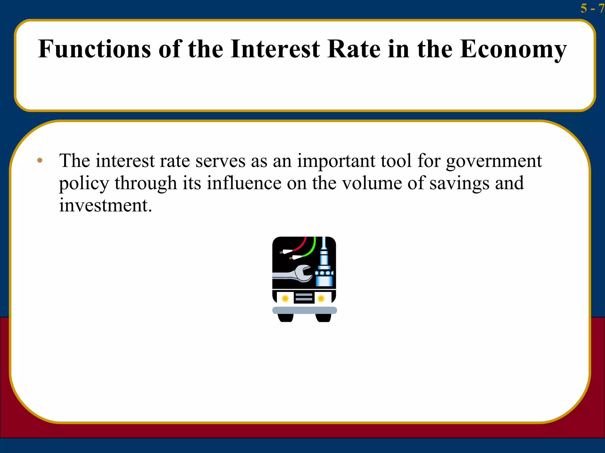 Functions of the Interest Rate in the Economy The interest rate serves as an important tool for government policy through its influence on the volume of savings and investment. 