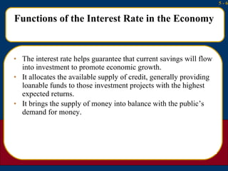 Functions of the Interest Rate in the Economy <ul><li>The interest rate helps guarantee that current savings will flow int...