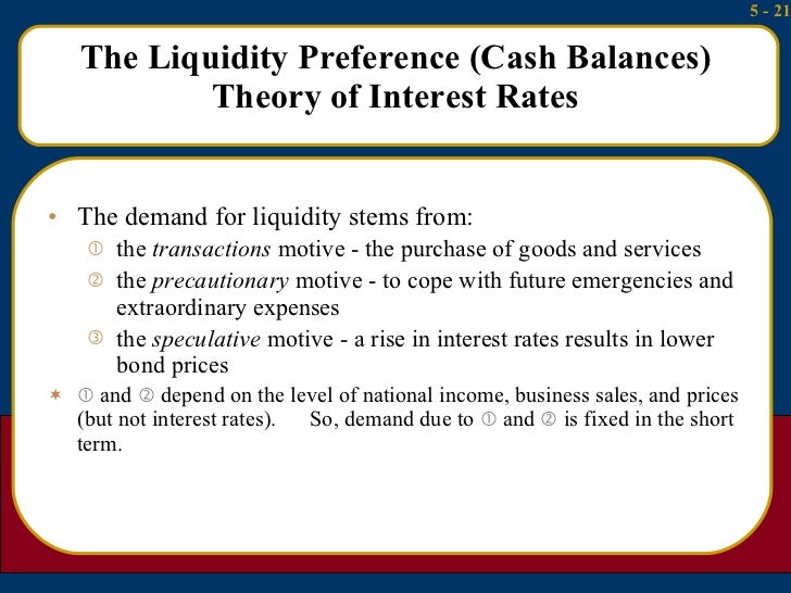 The Liquidity Preference (Cash Balances) Theory of Interest Rates <ul><li>The demand for liquidity stems from:  </li></ul>...