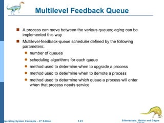 Multilevel Feedback Queue A process can move between the various queues; aging can be implemented this way Multilevel-feedback-queue scheduler defined by the following parameters: number of queues scheduling algorithms for each queue method used to determine when to upgrade a process method used to determine when to demote a process method used to determine which queue a process will enter when that process needs service 