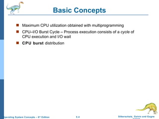 Basic Concepts Maximum CPU utilization obtained with multiprogramming CPU–I/O Burst Cycle – Process execution consists of a  cycle  of CPU execution and I/O wait CPU burst  distribution 