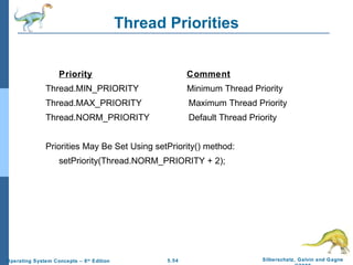 Thread Priorities Priority Comment Thread.MIN_PRIORITY Minimum Thread Priority Thread.MAX_PRIORITY   Maximum Thread Priority Thread.NORM_PRIORITY   Default Thread Priority Priorities May Be Set Using setPriority() method: setPriority(Thread.NORM_PRIORITY + 2); 