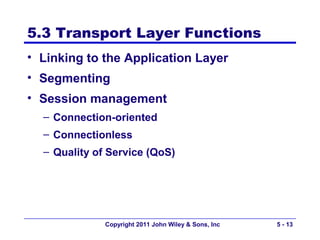 5.3 Transport Layer Functions
• Linking to the Application Layer
• Segmenting
• Session management
  – Connection-oriented
  – Connectionless
  – Quality of Service (QoS)




              Copyright 2011 John Wiley & Sons, Inc   5 - 13
 