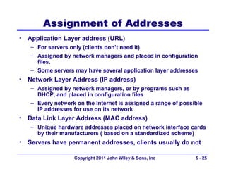 Assignment of Addresses
•   Application Layer address (URL)
    – For servers only (clients don’t need it)
    – Assigned by network managers and placed in configuration
      files.
    – Some servers may have several application layer addresses
•   Network Layer Address (IP address)
    – Assigned by network managers, or by programs such as
      DHCP, and placed in configuration files
    – Every network on the Internet is assigned a range of possible
      IP addresses for use on its network
•   Data Link Layer Address (MAC address)
    – Unique hardware addresses placed on network interface cards
      by their manufacturers ( based on a standardized scheme)
•   Servers have permanent addresses, clients usually do not

                    Copyright 2011 John Wiley & Sons, Inc       5 - 25
 
