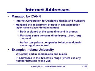 Internet Addresses
• Managed by ICANN
   – Internet Corporation for Assigned Names and Numbers
   – Manages the assignment of both IP and application
     layer name space (domain names)
       • Both assigned at the same time and in groups
      • Manages some domains directly (e.g., .com, .org,
        .net) and
      • Authorizes private companies to become domain
        name registrars as well
• Example: Indiana University
   – URLs that end in .indiana.edu and iu.edu
   – IP addresses in the 129.79.x.x range (where x is any
     number between 0 and 255)

                 Copyright 2011 John Wiley & Sons, Inc      5 - 26
 