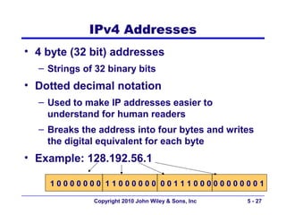 IPv4 Addresses
• 4 byte (32 bit) addresses
  – Strings of 32 binary bits
• Dotted decimal notation
  – Used to make IP addresses easier to
    understand for human readers
  – Breaks the address into four bytes and writes
    the digital equivalent for each byte
• Example: 128.192.56.1

    10000000 11000000 0011100000000001

              Copyright 2010 John Wiley & Sons, Inc   5 - 27
 