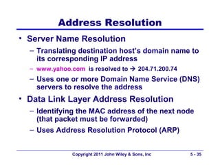 Address Resolution
• Server Name Resolution
  – Translating destination host’s domain name to
    its corresponding IP address
  – www.yahoo.com is resolved to  204.71.200.74
  – Uses one or more Domain Name Service (DNS)
    servers to resolve the address
• Data Link Layer Address Resolution
  – Identifying the MAC address of the next node
    (that packet must be forwarded)
  – Uses Address Resolution Protocol (ARP)


               Copyright 2011 John Wiley & Sons, Inc   5 - 35
 