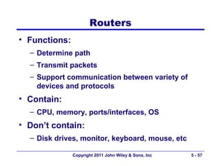 Routers
• Functions:
  – Determine path
  – Transmit packets
  – Support communication between variety of
    devices and protocols
• Contain:
  – CPU, memory, ports/interfaces, OS
• Don’t contain:
  – Disk drives, monitor, keyboard, mouse, etc

               Copyright 2011 John Wiley & Sons, Inc   5 - 57
 