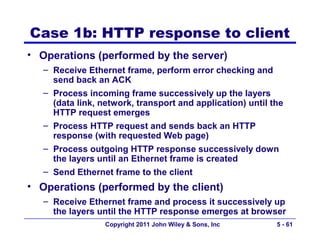 Case 1b: HTTP response to client
• Operations (performed by the server)
   – Receive Ethernet frame, perform error checking and
     send back an ACK
   – Process incoming frame successively up the layers
     (data link, network, transport and application) until the
     HTTP request emerges
   – Process HTTP request and sends back an HTTP
     response (with requested Web page)
   – Process outgoing HTTP response successively down
     the layers until an Ethernet frame is created
   – Send Ethernet frame to the client
• Operations (performed by the client)
   – Receive Ethernet frame and process it successively up
     the layers until the HTTP response emerges at browser
                  Copyright 2011 John Wiley & Sons, Inc     5 - 61
 