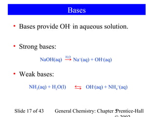 Bases
• Bases provide OH- in aqueous solution.

• Strong bases:
            NaOH(aq)   → Na+(aq) + OH-(aq)
                       H 2O




• Weak bases:
      NH3(aq) + H2O(l)        ←
                              →   OH-(aq) + NH4+(aq)



Slide 17 of 43   General Chemistry: Chapter 5
                                            Prentice-Hall
 