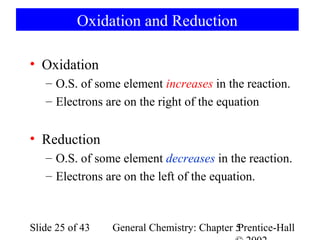 Oxidation and Reduction

• Oxidation
   – O.S. of some element increases in the reaction.
   – Electrons are on the right of the equation


• Reduction
   – O.S. of some element decreases in the reaction.
   – Electrons are on the left of the equation.



Slide 25 of 43   General Chemistry: Chapter 5
                                            Prentice-Hall
 