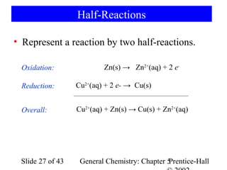 Half-Reactions

• Represent a reaction by two half-reactions.

 Oxidation:               Zn(s) → Zn2+(aq) + 2 e-

 Reduction:       Cu2+(aq) + 2 e- → Cu(s)


 Overall:         Cu2+(aq) + Zn(s) → Cu(s) + Zn2+(aq)




 Slide 27 of 43    General Chemistry: Chapter 5
                                              Prentice-Hall
 