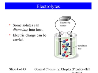 Electrolytes


• Some solutes can
  dissociate into ions.
• Electric charge can be
  carried.




Slide 4 of 43   General Chemistry: Chapter 5
                                           Prentice-Hall
 