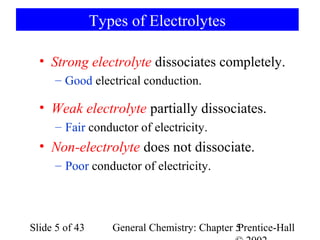Types of Electrolytes

  • Strong electrolyte dissociates completely.
     – Good electrical conduction.

  • Weak electrolyte partially dissociates.
      – Fair conductor of electricity.
  • Non-electrolyte does not dissociate.
      – Poor conductor of electricity.



Slide 5 of 43      General Chemistry: Chapter 5
                                              Prentice-Hall
 