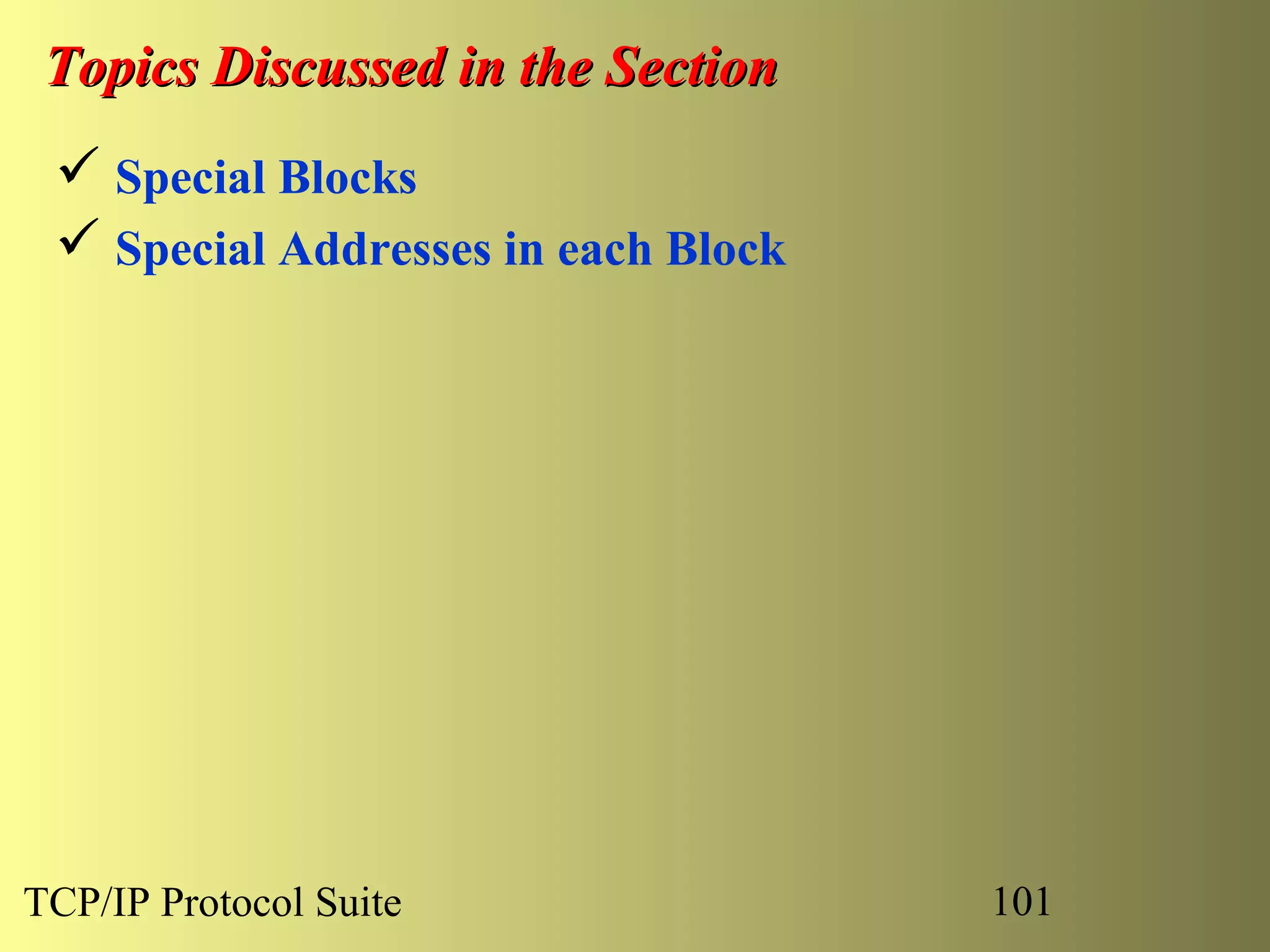 Topics Discussed in the Section
  Special Blocks
  Special Addresses in each Block




TCP/IP Protocol Suite                101
 