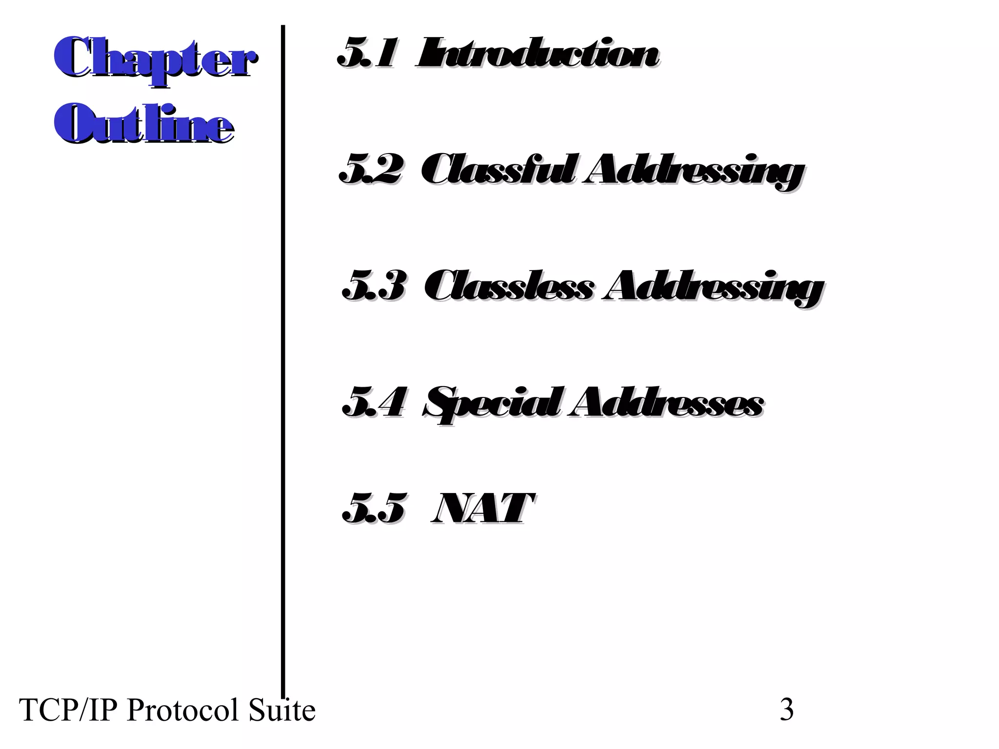 Chapter               5.1 Introduction
  Outline
                        5.2 Classful Addressing

                        5.3 Classless Addressing

                        5.4 Special Addresses

                        5.5 NAT



TCP/IP Protocol Suite                           3
 