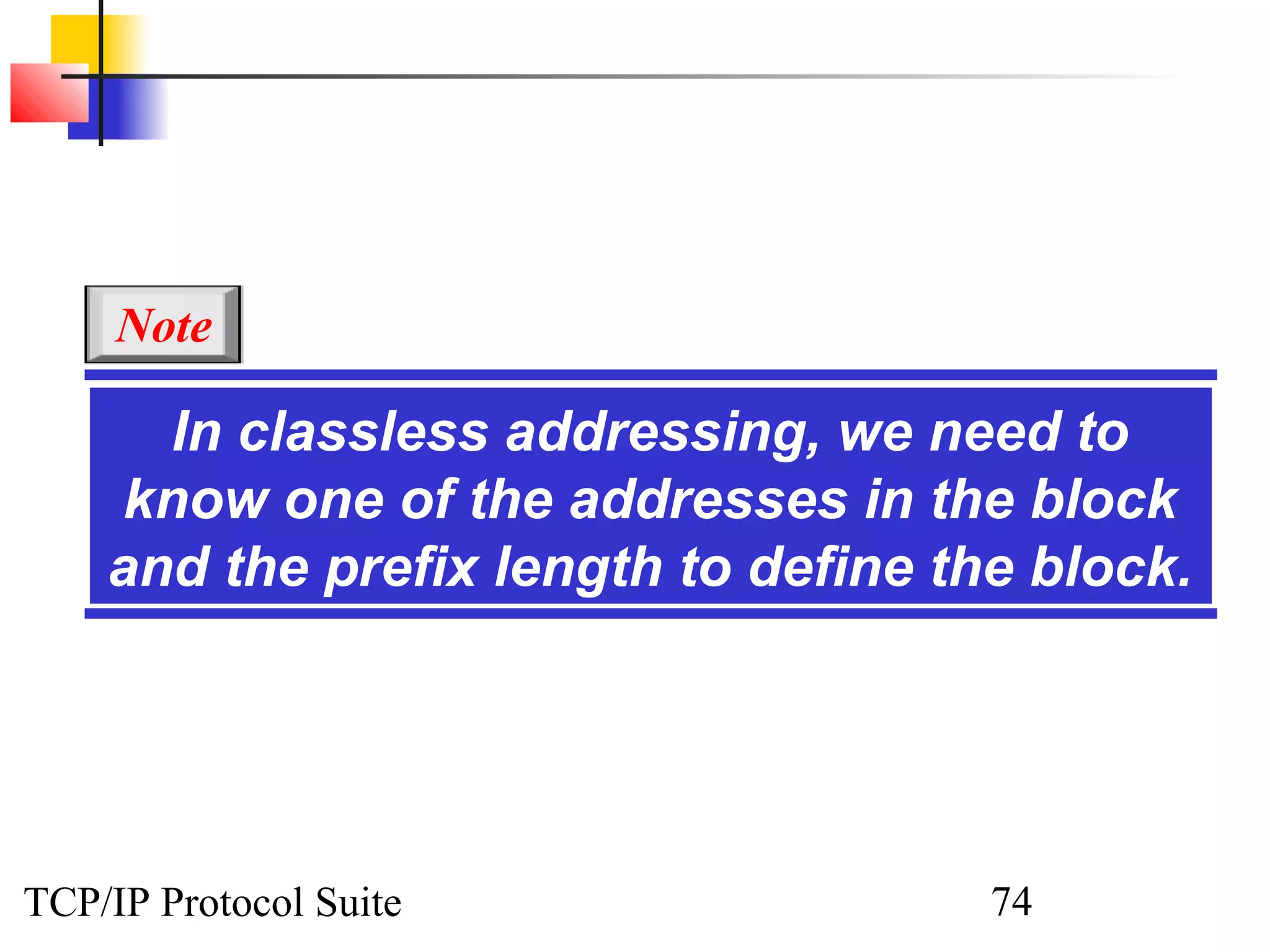 Note

      In classless addressing, we need to
    know one of the addresses in the block
    and the prefix length to define the block.




TCP/IP Protocol Suite                 74
 