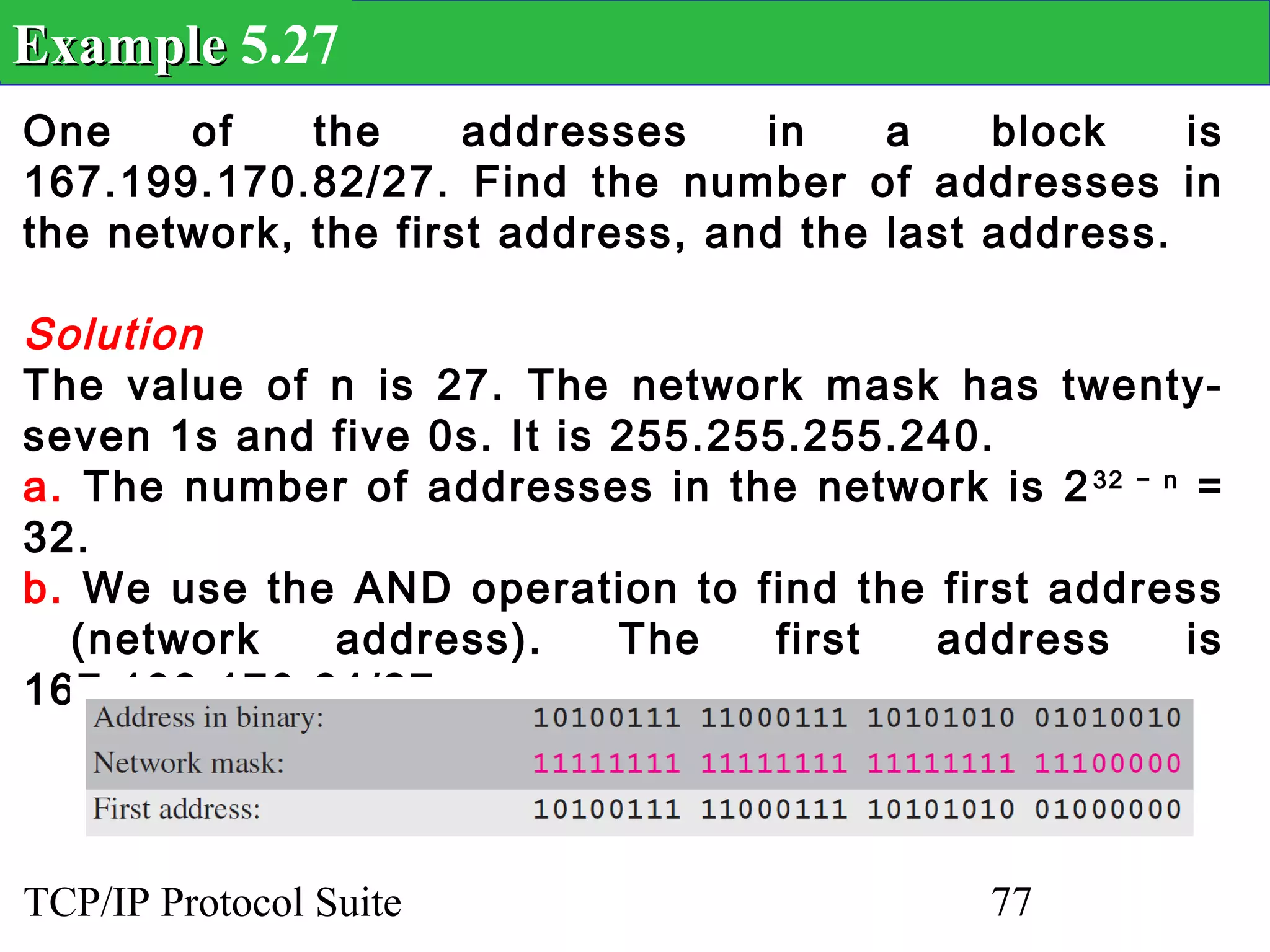 Example 5.27
One    of    the     addresses    in    a    block    is
167.199.170.82/27. Find the number of addresses in
the network, the first address, and the last address.

Solution
The value of n is 27. The network mask has twenty-
seven 1s and five 0s. It is 255.255.255.240.
a. The number of addresses in the network is 2 32 − n =
32.
b. We use the AND operation to find the first address
  (network   address).      The    first address     is
167.199.170.64/27.




TCP/IP Protocol Suite                        77
 