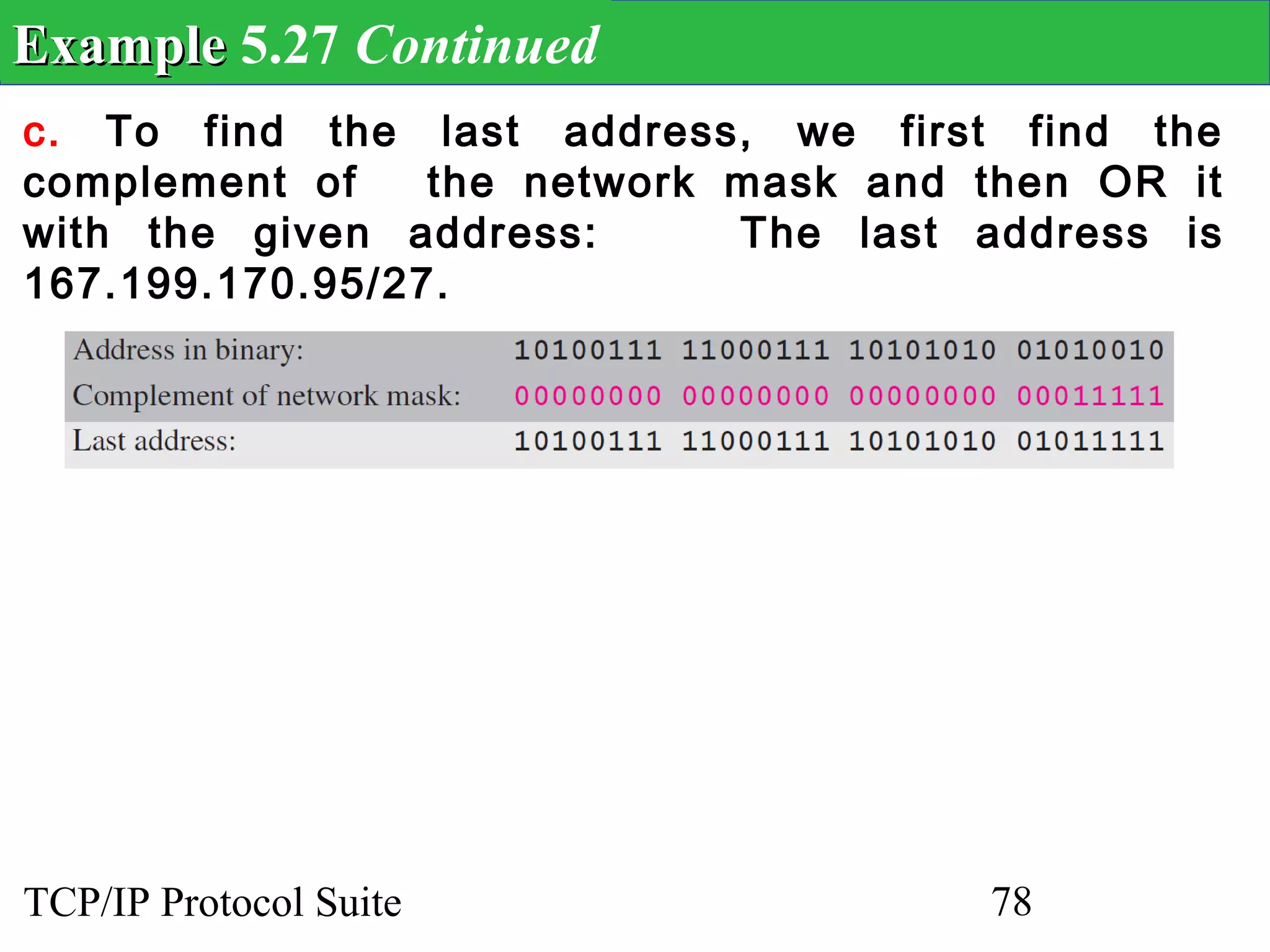 Example 5.27 Continued
c. To find the last address, we first find the
complement of    the network mask and then OR it
with the given address:      The last address is
167.199.170.95/27.




TCP/IP Protocol Suite                 78
 