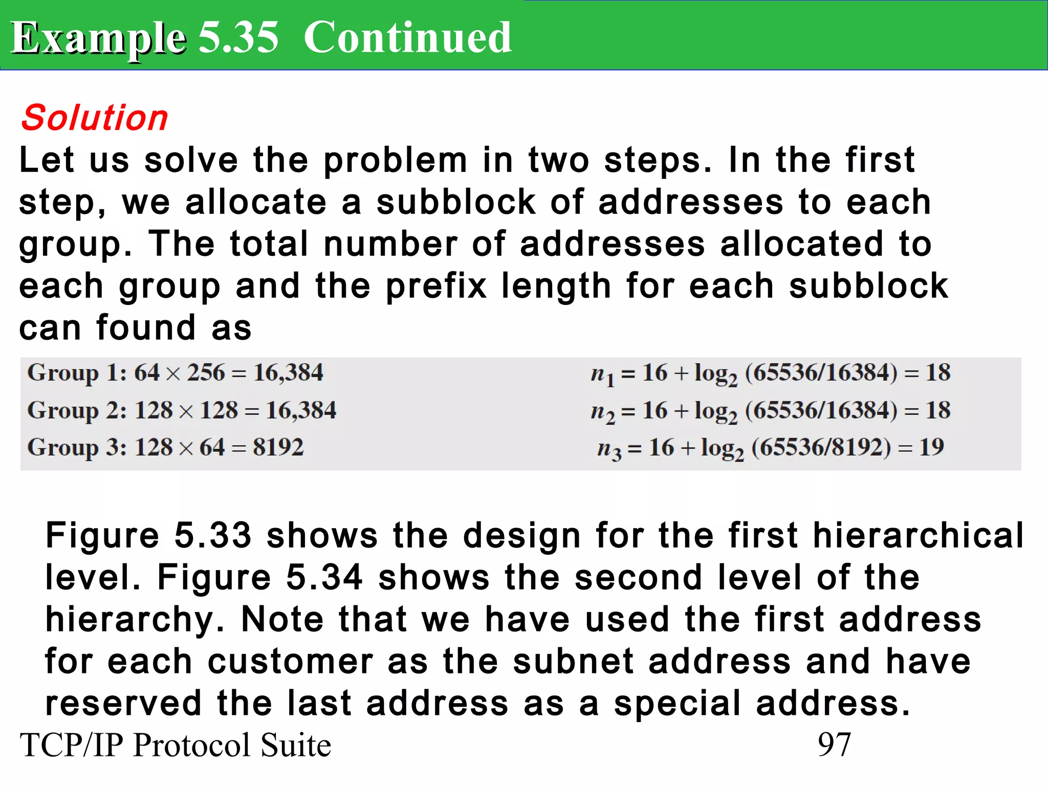 Example 5.35 Continued
Solution
Let us solve the problem in two steps. In the first
step, we allocate a subblock of addresses to each
group. The total number of addresses allocated to
each group and the prefix length for each subblock
can found as




 Figure 5.33 shows the design for the first hierarchical
 level. Figure 5.34 shows the second level of the
 hierarchy. Note that we have used the first address
 for each customer as the subnet address and have
 reserved the last address as a special address.
TCP/IP Protocol Suite                       97
 