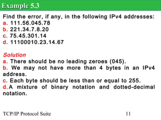 Example 5.3
Find the error, if any, in the following IPv4 addresses:
a. 111.56.045.78
b. 221.34.7.8.20
c. 75.45.301.14
d. 11100010.23.14.67

Solution
a. There should be no leading zeroes (045).
b. We may not have more than 4 bytes in an IPv4
address.
c. Each byte should be less than or equal to 255.
d. A mixture of binary notation and dotted-decimal
notation.


TCP/IP Protocol Suite                        11
 
