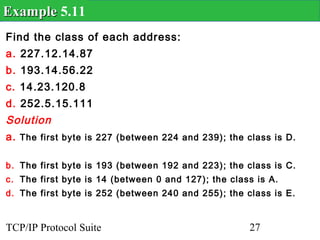 Example 5.11
Find the class of each address:
a. 227.12.14.87
b. 193.14.56.22
c. 14.23.120.8
d. 252.5.15.111
Solution
a. The first byte is 227 (between 224 and 239); the class is D.

b. The first byte is 193 (between 192 and 223); the class is C.
c. The first byte is 14 (between 0 and 127); the class is A.
d. The first byte is 252 (between 240 and 255); the class is E.


TCP/IP Protocol Suite                                27
 