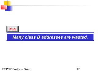 Note

       Many class B addresses are wasted.




TCP/IP Protocol Suite              32
 