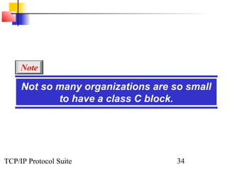 Note

     Not so many organizations are so small
            to have a class C block.




TCP/IP Protocol Suite               34
 