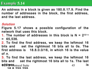 Example 5.14
An address in a block is given as 180.8.17.9. Find the
number of addresses in the block, the first address,
and the last address.

Solution
Figure 5.17 shows a possible configuration of the
network that uses this block.
1. The number of addresses in this block is N = 2 32−n
= 65,536.
2. To find the first address, we keep the leftmost 16
bits and      set the rightmost 16 bits all to 0s. The
first address is 18.8.0.0/16, in which 16 is the value
of n .
3. To find the last address, we keep the leftmost 16
bits and     set the rightmost 16 bits all to 1s. The last
address
TCP/IP Protocol Suite                          45       is
 