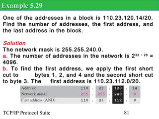 Example 5.29
One of the addresses in a block is 110.23.120.14/20.
Find the number of addresses, the first address, and
the last address in the block.

Solution
The network mask is 255.255.240.0.
a. The number of addresses in the network is 2 32 − 20 =
4096.
b. To find the first address, we apply the first short
cut to      bytes 1, 2, and 4 and the second short cut
to byte 3. The    first address is 110.23.112.0/20.




TCP/IP Protocol Suite                        81
 