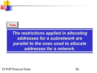 Note

       The restrictions applied in allocating
         addresses for a subnetwork are
       parallel to the ones used to allocate
             addresses for a network.



TCP/IP Protocol Suite                  86
 