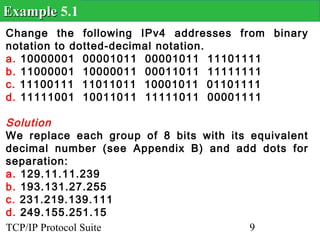 Example 5.1
Change the following IPv4 addresses from binary
notation to dotted-decimal notation.
a. 10000001 00001011 00001011 11101111
b. 11000001 10000011 00011011 11111111
c. 11100111 11011011 10001011 01101111
d. 11111001 10011011 11111011 00001111

Solution
We replace each group of 8 bits with its equivalent
decimal number (see Appendix B) and add dots for
separation:
a. 129.11.11.239
b. 193.131.27.255
c. 231.219.139.111
d. 249.155.251.15
TCP/IP Protocol Suite                    9
 