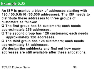 Example 5.35
An ISP is granted a block of addresses starting with
190.100.0.0/16 (65,536 addresses). The ISP needs to
distribute these addresses to three groups of
customers as follows:
❑ The first group has 64 customers; each needs
approximately 256 addresses.
❑ The second group has 128 customers; each needs
   approximately 128 addresses.
❑ The third group has 128 customers; each needs
approximately 64 addresses.
We design the subblocks and find out how many
addresses are still available after these allocations.



TCP/IP Protocol Suite                      96
 