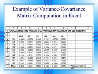 Example of Variance-Covariance
        Matrix Computation in Excel

       A       B         C         D         E         F         G        H         I         J
1    CALCULATING THE VARIANCE-COVARIANCE MATRIX FROM EXCESS RETURNS
2
3            AMR        BS        GE        HR        MO        UK
4     1974   -0.3505   -0.1154   -0.4246   -0.2107   -0.0758    0.2331
5     1975    0.7083   0.2472    0.3719    0.2227     0.0213    0.3569
6     1976    0.7329   0.3665    0.2550    0.5815     0.1276    0.0781
7     1977   -0.2034   -0.4271   -0.0490   -0.0938    0.0712   -0.2721
8     1978    0.1663   -0.0452   -0.0573   0.2751     0.1372   -0.1346
9     1979   -0.2659   0.0158    0.0898    0.0793     0.0215    0.2254
10    1980    0.0124   0.4751    0.3350    -0.1894    0.2002    0.3657
11    1981   -0.0264   -0.2042   -0.0275   -0.7427    0.0913    0.0479
12    1982    1.0642   -0.1493   0.6968    -0.2615    0.2243    0.0456
13    1983    0.1942   0.3680    0.3110    1.8682     0.2066    0.2640
14    Mean    0.2032   0.0531    0.1501    0.1529     0.1025    0.1210 <-- =AVERAGE(G4:G13)
                                                                          20
 
