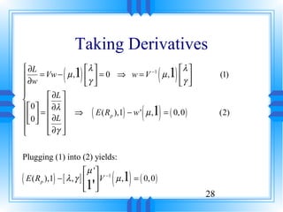 Taking Derivatives
 ∂L

 ∂w
              ( 1) λ 
        = Vw − µ ,   = 0 ⇒ w = V µ ,  
                   γ 
                                     −1    λ 
                                           γ 
                                                ( 1)        (1)

          ∂L 
          
  0   ∂L                           ( 1)
  0  =  ∂λ  ⇒ E ( R ),1 − w ' µ , = 0, 0
                     ( p )              ( )                 (2)
   
          ∂γ 

Plugging (1) into (2) yields:
                           µ ' −1
                     1'    
                           
                               ( 1) = ( 0, 0)
( E ( Rp ),1) − [ λ , γ ]   V µ ,
                                                       28
 
