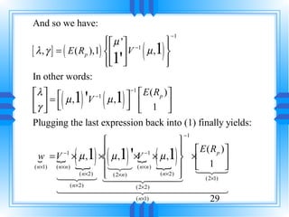 And so we have:
                                             −1
                            µ ' −1    
                       1'
                          
                           
                           
                                 ( 1)
[ λ , γ ] = ( E ( Rp ),1)    V µ ,    
                                         
                                         
                                         
In other words:
λ  
        ( 1) ' ( 1)       E ( Rp )
                         −1

γ  =  µ , V µ ,   1 
                −1

                               
Plugging the last expression back into (1) finally yields:
                                                  −1
                                             
  { {       ( 1) ( 1) '
           −1            
  w = V × µ , × µ , ×{ × µ ,  ×
                               V   −1
                                        ( 1)    E (Rp )
                          1 3 ( n×n ) {  4 3      1 
( n×1) ( n× n ) {           2                   1 24
       1 24  (2×n ) 2444 
           4 ( n×3 1444
                      2)               ( n×2)
                                             3     (2×1)
               ( n×2)
       14444444 (2×2)         4 244444444                3
                               ( n×1)                29
 