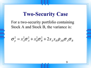 Two-Security Case
For a two-security portfolio containing
Stock A and Stock B, the variance is:


σ = x σ + x σ + 2 x A xB ρ ABσ Aσ B
  2
  p
       2
       A
           2
           A
               2
               B
                   2
                   B




                                  9
 