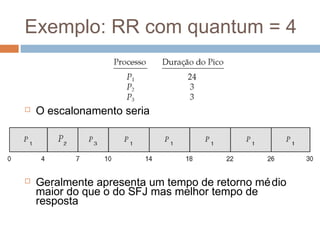 Exemplo: RR com quantum = 4
 O escalonamento seria
 Geralmente apresenta um tempo de retorno médio
maior do que o do SFJ mas melhor tempo de
resposta
 
