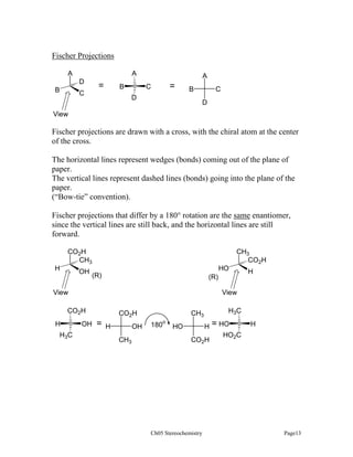 Fischer Projections
A

A
D

B

=

B

C

A
C

=

B

D

C
D

View

Fischer projections are drawn with a cross, with the chiral atom at the center
of the cross.
The horizontal lines represent wedges (bonds) coming out of the plane of
paper.
The vertical lines represent dashed lines (bonds) going into the plane of the
paper.
(“Bow-tie” convention).
Fischer projections that differ by a 180° rotation are the same enantiomer,
since the vertical lines are still back, and the horizontal lines are still
forward.
CO2H
CH3
H

OH

CH3
CO2H
HO

(R)

(R)
View

View
CO2H
H
H3C

H

OH

CO2H

=

OH

H
CH3

H3C

CH3
180o

H

HO

CO2H

Ch05 Stereochemistry

= HO

H

HO2C

Page13

 