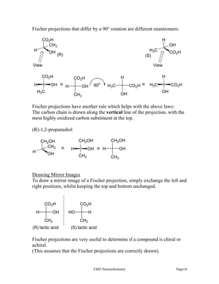 Fischer projections that differ by a 90° rotation are different enantiomers.
CO2H
CH3
H

OH

H
OH
H3C
(S)

(R)

CO2H

View

View
CO2H
H

OH

=

90o

OH

H

H3C

H

H

CO2H

CO2H

H3C
OH

CH3

=

CO2H

H3C
OH

Fischer projections have another rule which helps with the above laws:
The carbon chain is drawn along the vertical line of the projection, with the
most highly oxidized carbon substituent at the top.
(R)-1,2-propanediol
CH2OH
CH3
H

CH2OH

CH2OH

=

H

OH

OH
CH3

=

H

OH
CH3

Drawing Mirror Images
To draw a mirror image of a Fischer projection, simply exchange the left and
right positions, whilst keeping the top and bottom unchanged.

CO2H

CO2H
H

OH
CH3

(R) lactic acid

HO

H
CH3

(S) lactic acid

Fischer projections are very useful to determine if a compound is chiral or
achiral.
(This assumes that the Fischer projections are correctly drawn).

Ch05 Stereochemistry

Page14

 