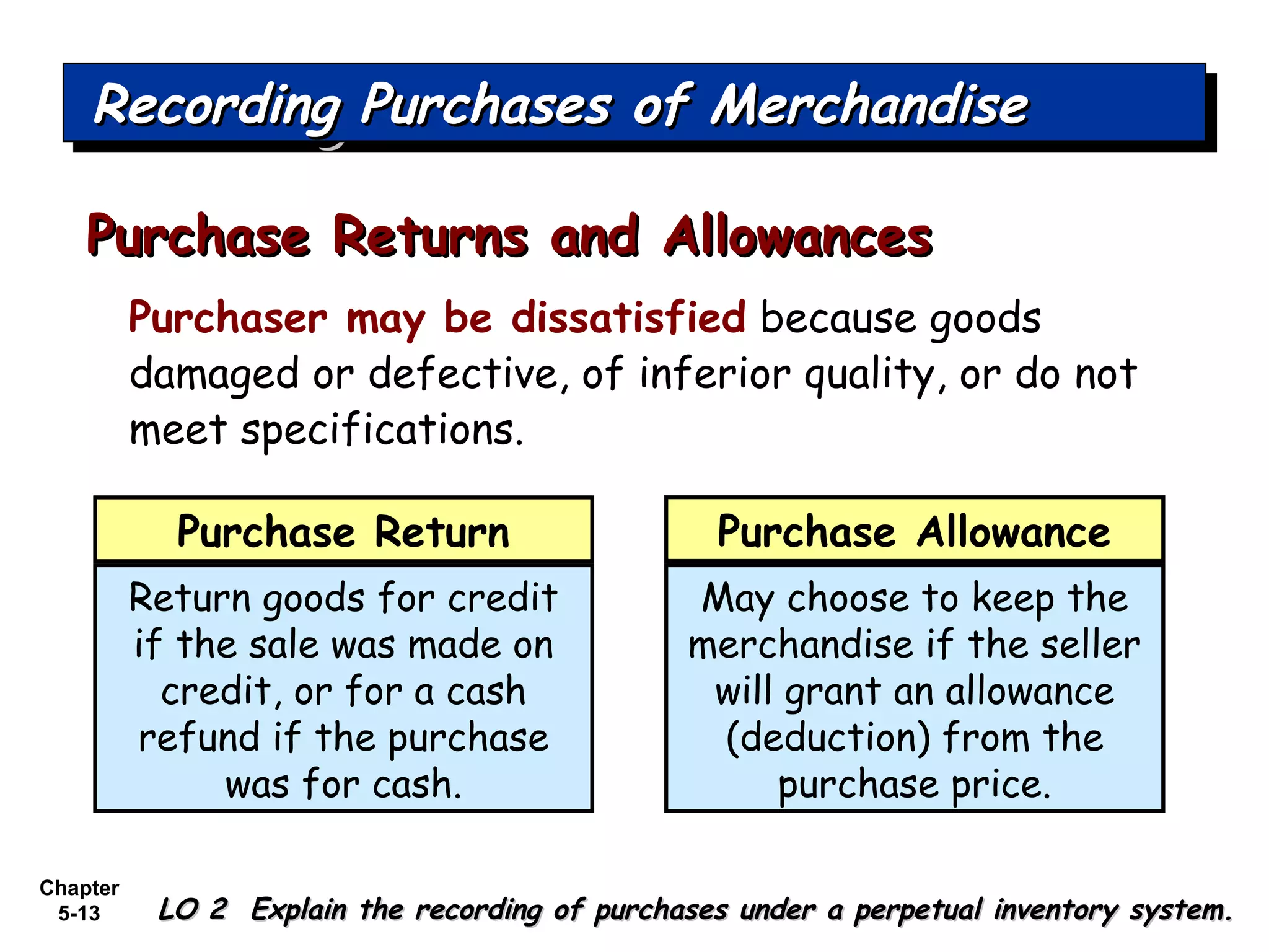 Chapter
5-13
Purchaser may be dissatisfied because goods
damaged or defective, of inferior quality, or do not
meet specifications.
Purchase Returns and AllowancesPurchase Returns and Allowances
Recording Purchases of MerchandiseRecording Purchases of MerchandiseRecording Purchases of MerchandiseRecording Purchases of Merchandise
LO 2 Explain the recording of purchases under a perpetual inventory system.LO 2 Explain the recording of purchases under a perpetual inventory system.
Return goods for credit
if the sale was made on
credit, or for a cash
refund if the purchase
was for cash.
May choose to keep the
merchandise if the seller
will grant an allowance
(deduction) from the
purchase price.
Purchase Return Purchase Allowance
 