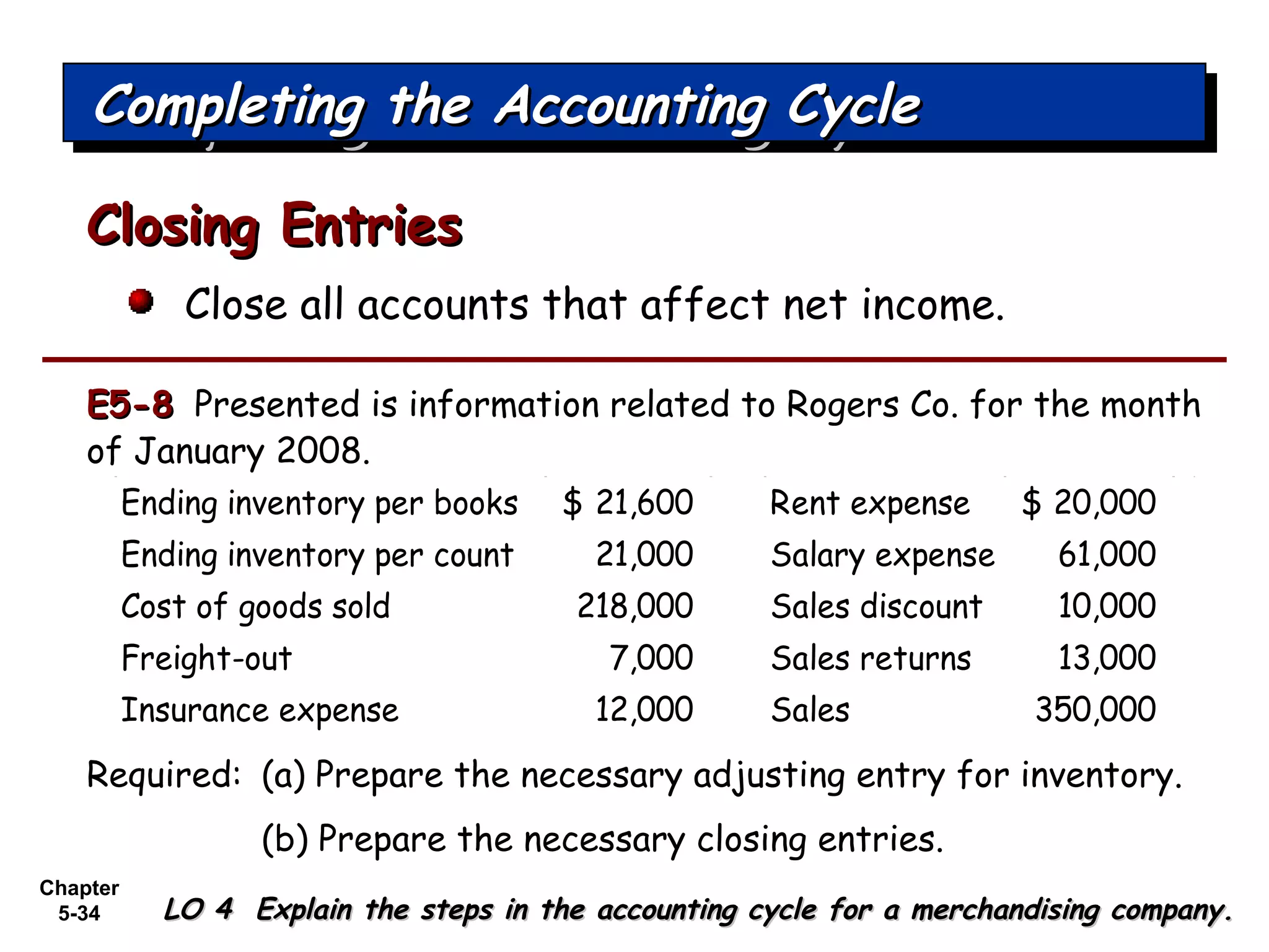 Chapter
5-34
Close all accounts that affect net income.
Closing EntriesClosing Entries
Completing the Accounting CycleCompleting the Accounting CycleCompleting the Accounting CycleCompleting the Accounting Cycle
LO 4 Explain the steps in the accounting cycle for a merchandising company.LO 4 Explain the steps in the accounting cycle for a merchandising company.
E5-8E5-8 Presented is information related to Rogers Co. for the month
of January 2008.
Ending inventory per books 21,600$ Rent expense 20,000$
Ending inventory per count 21,000 Salary expense 61,000
Cost of goods sold 218,000 Sales discount 10,000
Freight-out 7,000 Sales returns 13,000
Insurance expense 12,000 Sales 350,000
Required: (a) Prepare the necessary adjusting entry for inventory.
(b) Prepare the necessary closing entries.
 