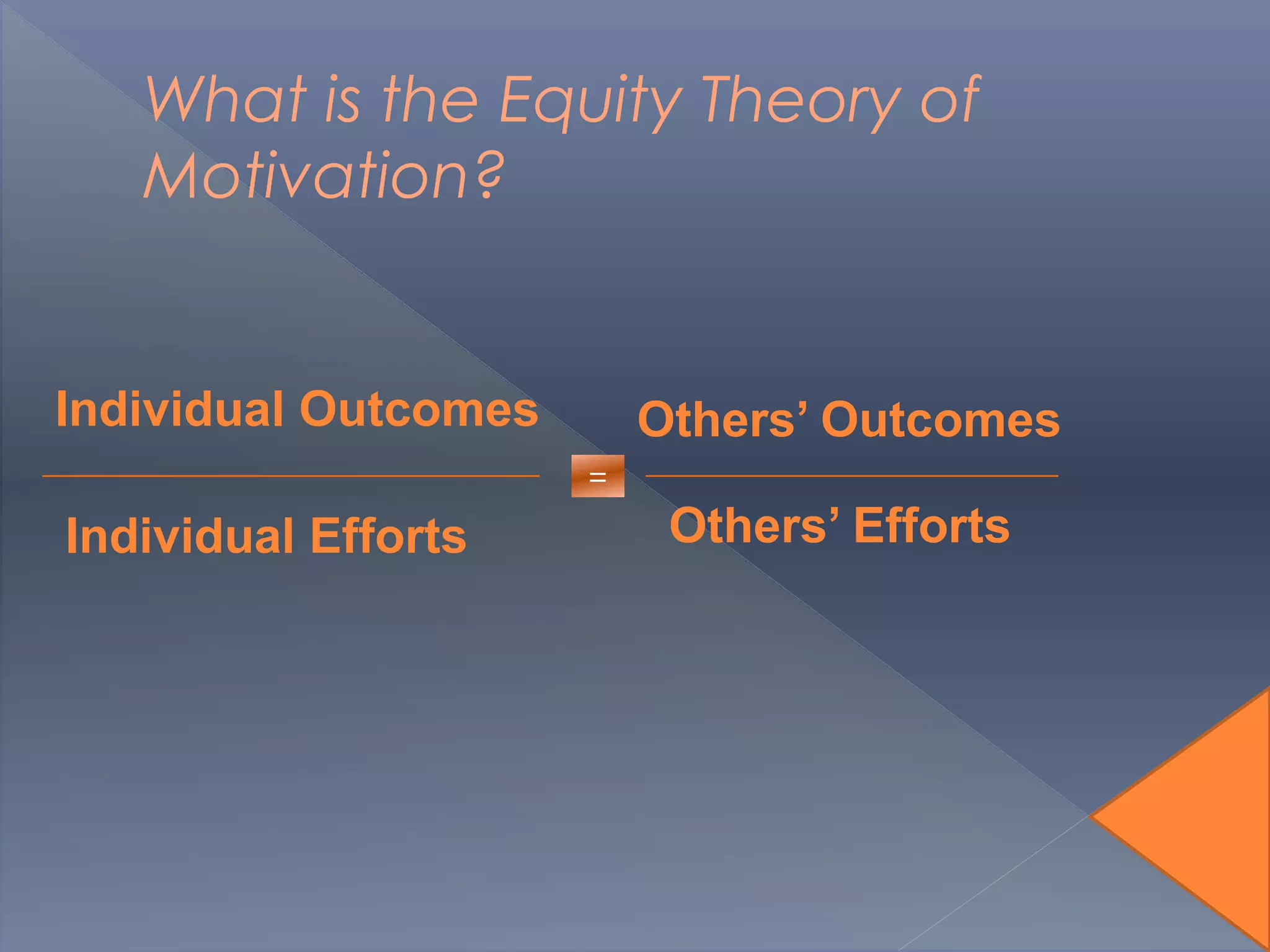 What is the Equity Theory of
Motivation?
Individual Outcomes
Individual Efforts
Others’ Outcomes
Others’ Efforts
=
 