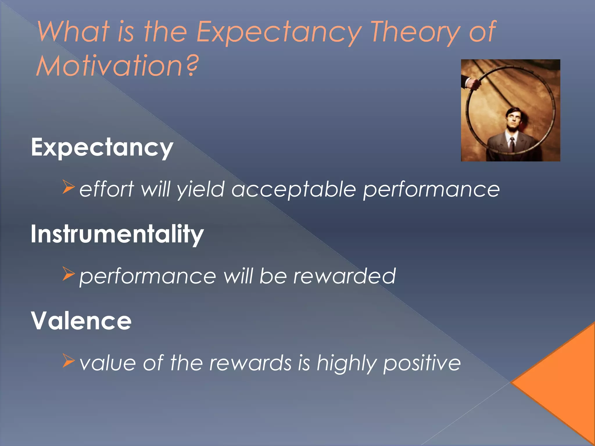 What is the Expectancy Theory of
Motivation?
Expectancy
effort will yield acceptable performance
Instrumentality
performance will be rewarded
Valence
value of the rewards is highly positive
 