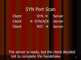 Is Port Scanning Legal?
● The legal status of port scanning is unclear
● If you have permission, it's legal
● If you cause damage of $5,000 or more, it
may be illegal
● For more, see links Ch 5a and Ch 5b
8
 