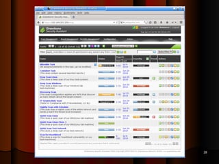 Nessus (continued)
● Finds services running on ports
● Finds vulnerabilities associated with
identified services
32
 