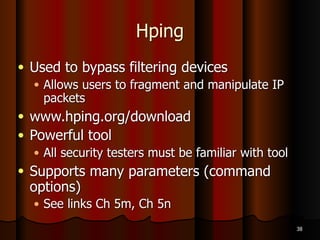 FPing
● Ping multiple IP addresses simultaneously
● www.fping.com/download
● Command-line tool
● Input: multiple IP addresses
● To enter a range of addresses
● -g option
● Input file with addresses
● -f option
● See links Ch 5k, 5l
35
 