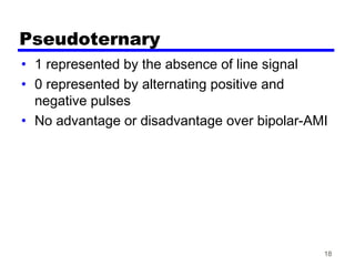 18
Pseudoternary
• 1 represented by the absence of line signal
• 0 represented by alternating positive and
negative pulses
• No advantage or disadvantage over bipolar-AMI
 
