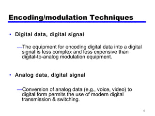 4
Encoding/modulation Techniques
• Digital data, digital signal
—The equipment for encoding digital data into a digital
signal is less complex and less expensive than
digital-to-analog modulation equipment.
• Analog data, digital signal
—Conversion of analog data (e.g., voice, video) to
digital form permits the use of modern digital
transmission & switching.
 
