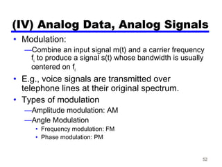 52
(IV) Analog Data, Analog Signals
• Modulation:
—Combine an input signal m(t) and a carrier frequency
fc to produce a signal s(t) whose bandwidth is usually
centered on fc
• E.g., voice signals are transmitted over
telephone lines at their original spectrum.
• Types of modulation
—Amplitude modulation: AM
—Angle Modulation
• Frequency modulation: FM
• Phase modulation: PM
 